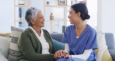 Buy stock photo Caregiver, holding hands and senior woman at house with good news, assistance and medical results. Nurse, support and elderly person with comfort, healthcare advice and patient diagnosis at homecare