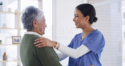 Buy stock photo Happy women, nurse and senior patient with checkup for healthcare, visit or appointment in home. Female people, caregiver and smile with elderly care for support, assisted living or trust in house