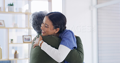 Buy stock photo Senior patient, nurse and hug in home for healthcare support, treatment success or service. Retirement, elderly woman and happy caregiver with embrace for medical recovery, checkup or health progress
