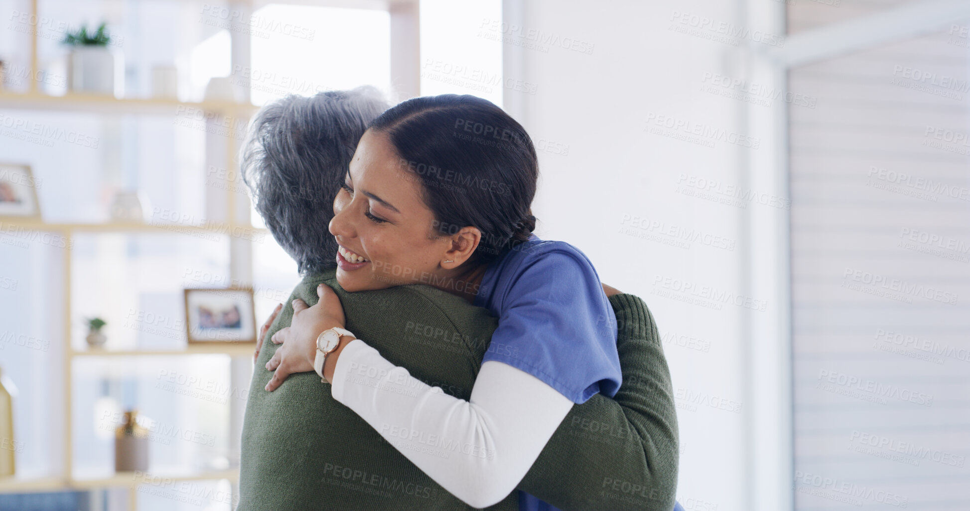 Buy stock photo Senior patient, nurse and hug in home for healthcare support, treatment success or service. Retirement, elderly woman and happy caregiver with embrace for medical recovery, checkup or health progress