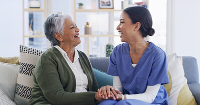 Buy stock photo Caregiver, holding hands and elderly woman at house for good news, assistance and medical results. Nurse, support and laughing with senior person, healthcare advice and patient diagnosis at homecare