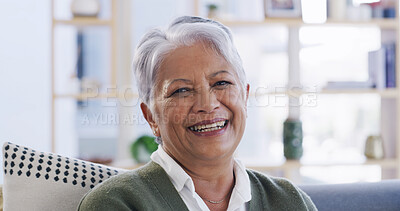 Buy stock photo Portrait, senior woman and relax at house with smile, calm morning and weekend break in lounge. Happy, elderly person and laughing for funny joke, retirement confidence and comfortable in living room