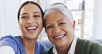 Portrait, caregiver and old woman in nursing home, selfie or profile picture for social media or web. Healthcare, nurse and bonding with elderly patient, photography and happy for memory in house