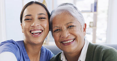 Buy stock photo Portrait, caregiver and old woman in nursing home, selfie or profile picture for social media or web. Healthcare, nurse and bonding with elderly patient, photography POV and happy for memory in house