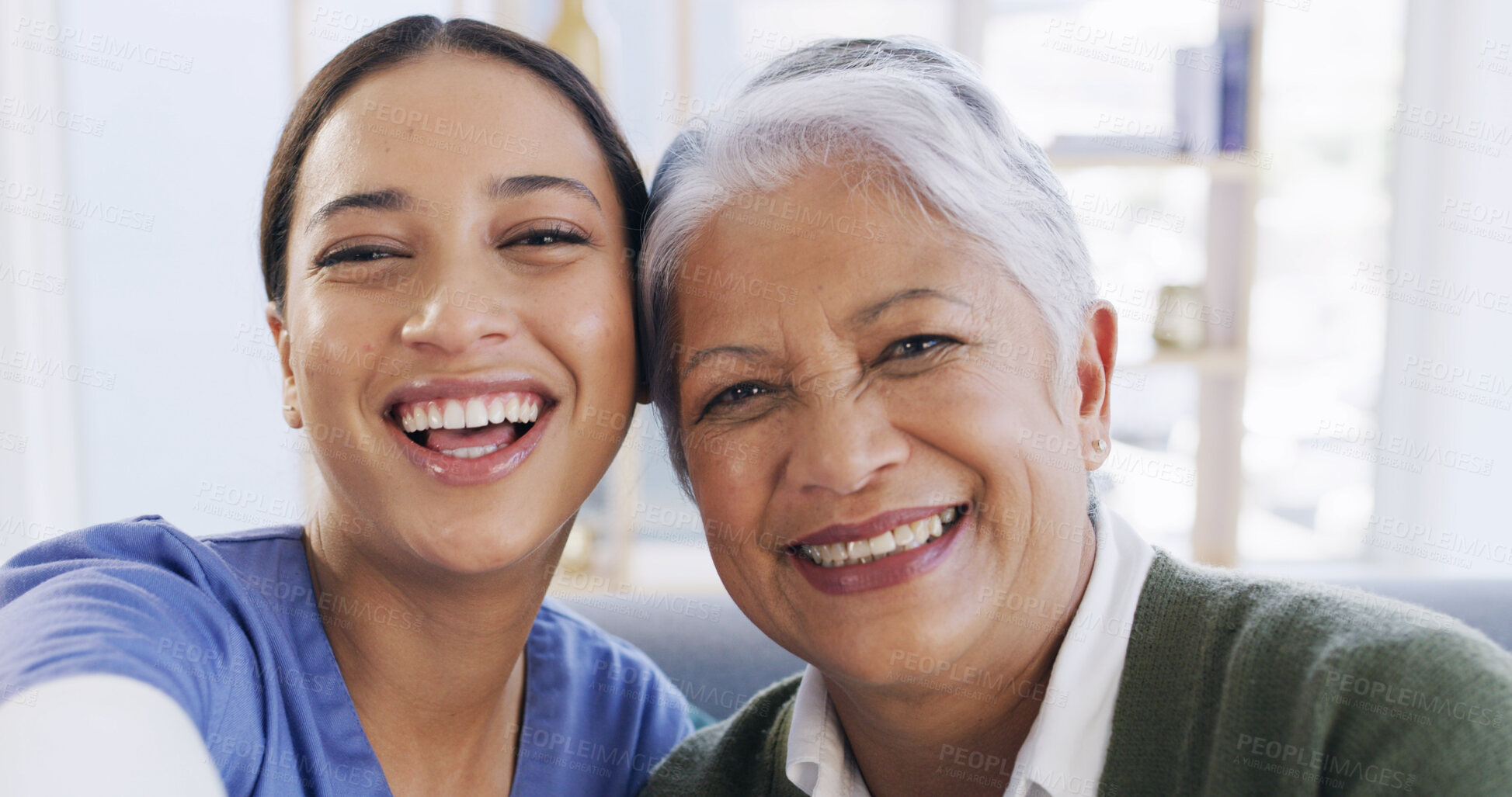 Buy stock photo Portrait, caregiver and old woman in nursing home, selfie or profile picture for social media or web. Healthcare, nurse and bonding with elderly patient, photography POV and happy for memory in house