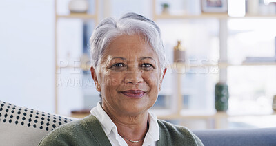 Buy stock photo Senior woman, smile and sofa in portrait in living room with confidence, pride and retirement at house. Elderly person, face and happy on couch, relax and comfort in lounge at home in Colombia
