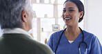 Caregiver, home and laugh with elderly woman for healthcare, medical joke and homecare. Retirement, happy nurse and funny conversation with senior patient for news, talking and assisted living