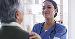 Nurse, comfort and senior woman at house for consultation, assistance and medical results. Caregiver, support and elderly person with healthcare advice, helping hand and patient diagnosis at homecare