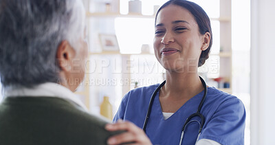 Buy stock photo Nurse, comfort and senior woman at house for consultation, assistance and medical results. Caregiver, support and elderly person with healthcare advice, helping hand and patient diagnosis at homecare