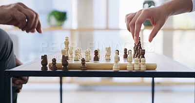 Buy stock photo Chess, hands and strategy with business people in office for competition or mental aptitude. Critical thinking, decision and problem solving with employees playing board game at work for challenge
