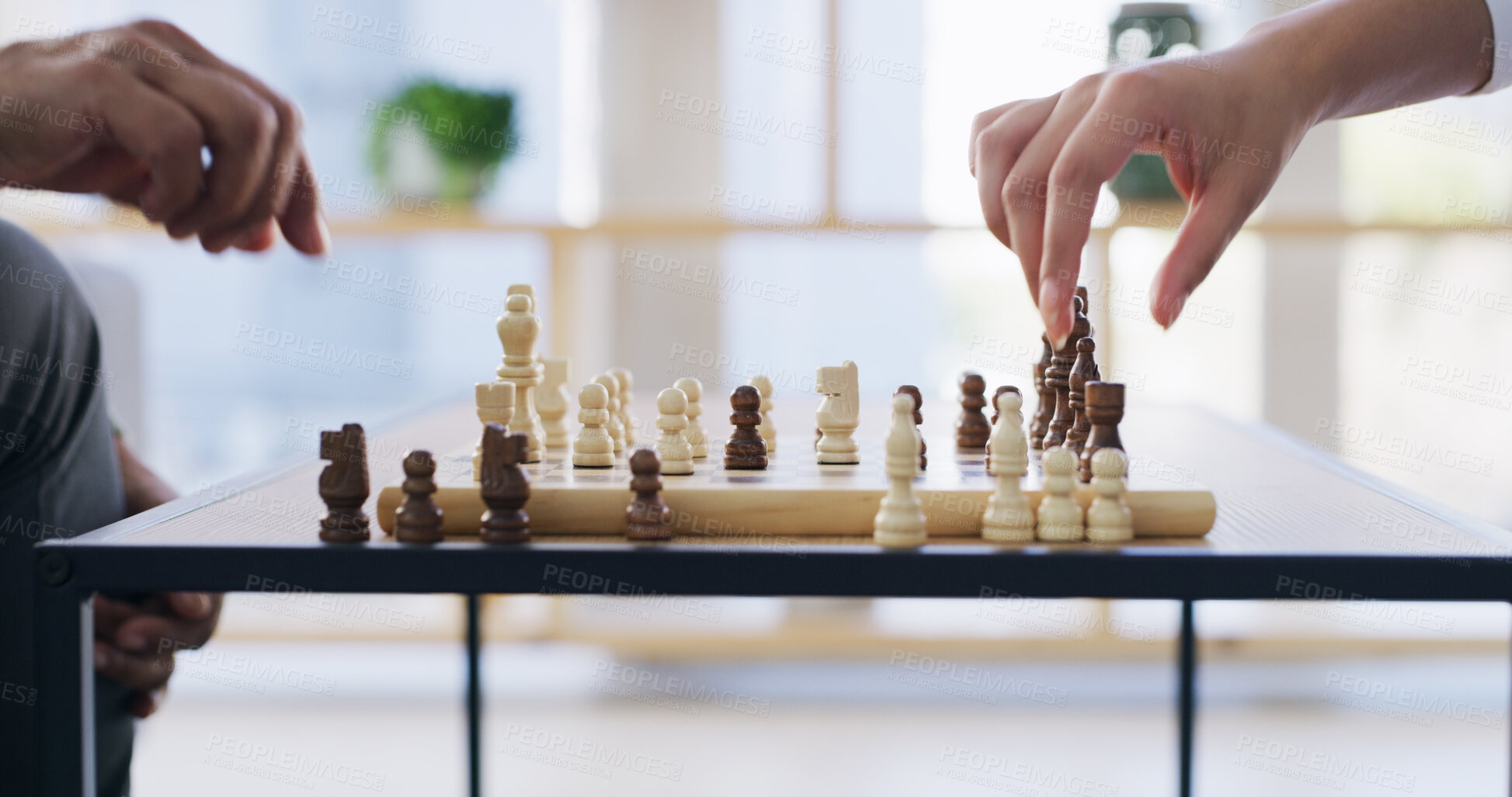 Buy stock photo Chess, hands and strategy with business people in office for competition or mental aptitude. Critical thinking, decision and problem solving with employees playing board game at work for challenge
