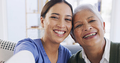 Buy stock photo Portrait, caregiver and patient in nursing home, selfie or photography of memory, smile and bonding. Happy, nurse and profile picture with senior woman, assisted living and medical care in house