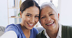 Portrait, women and patient in nursing home, selfie and photography of memory, nurse and healthcare. Happy, caregiver and profile picture with senior person, assisted living or medical care in house
