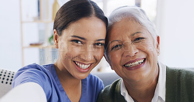 Buy stock photo Portrait, women and patient in nursing home, selfie and photography of memory, nurse and healthcare. Happy, caregiver and profile picture with senior person, assisted living or medical care in house