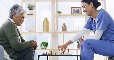 Buy stock photo Nurse, senior woman and play chess in home, smile and solution with cognitive skills. Elderly person, caregiver and challenge with board game, relax and competition for brain function in retirement