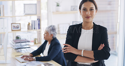 Buy stock photo Portrait, smile and woman with arms crossed, law firm or opportunity for experience, intern or pride. Ambitious, legal assistant and person with internship for career growth, justice and confident