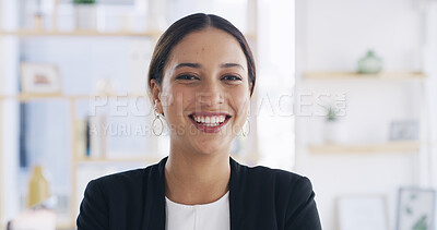 Buy stock photo Portrait, business and woman with smile in office of legal career, government service and confidence. Happy, female lawyer and profession pride of about us, ambition and justice attorney at law firm
