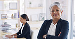 Portrait, confident and mature woman with arms crossed, attorney and career development in law firm. Ambitious, lawyer and people with pride for justice in country, legal system and constitution