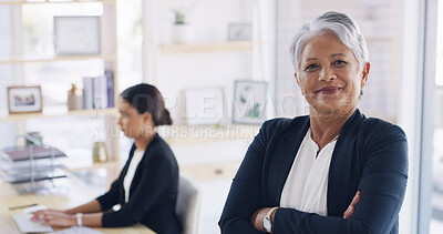 Buy stock photo Portrait, confident and mature woman with arms crossed, attorney and career development in law firm. Ambitious, lawyer and people with pride for justice in country, legal system and constitution