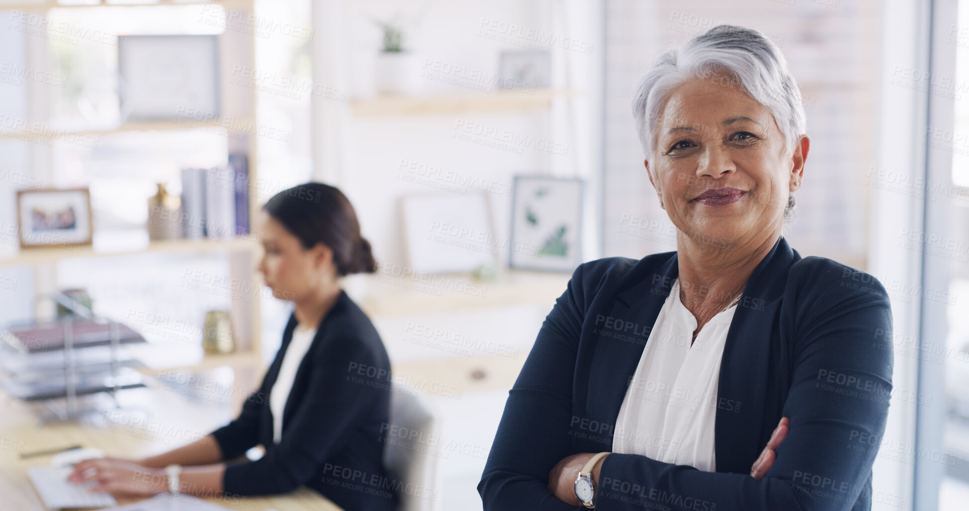 Buy stock photo Portrait, confident and mature woman with arms crossed, attorney and career development in law firm. Ambitious, lawyer and people with pride for justice in country, legal system and constitution