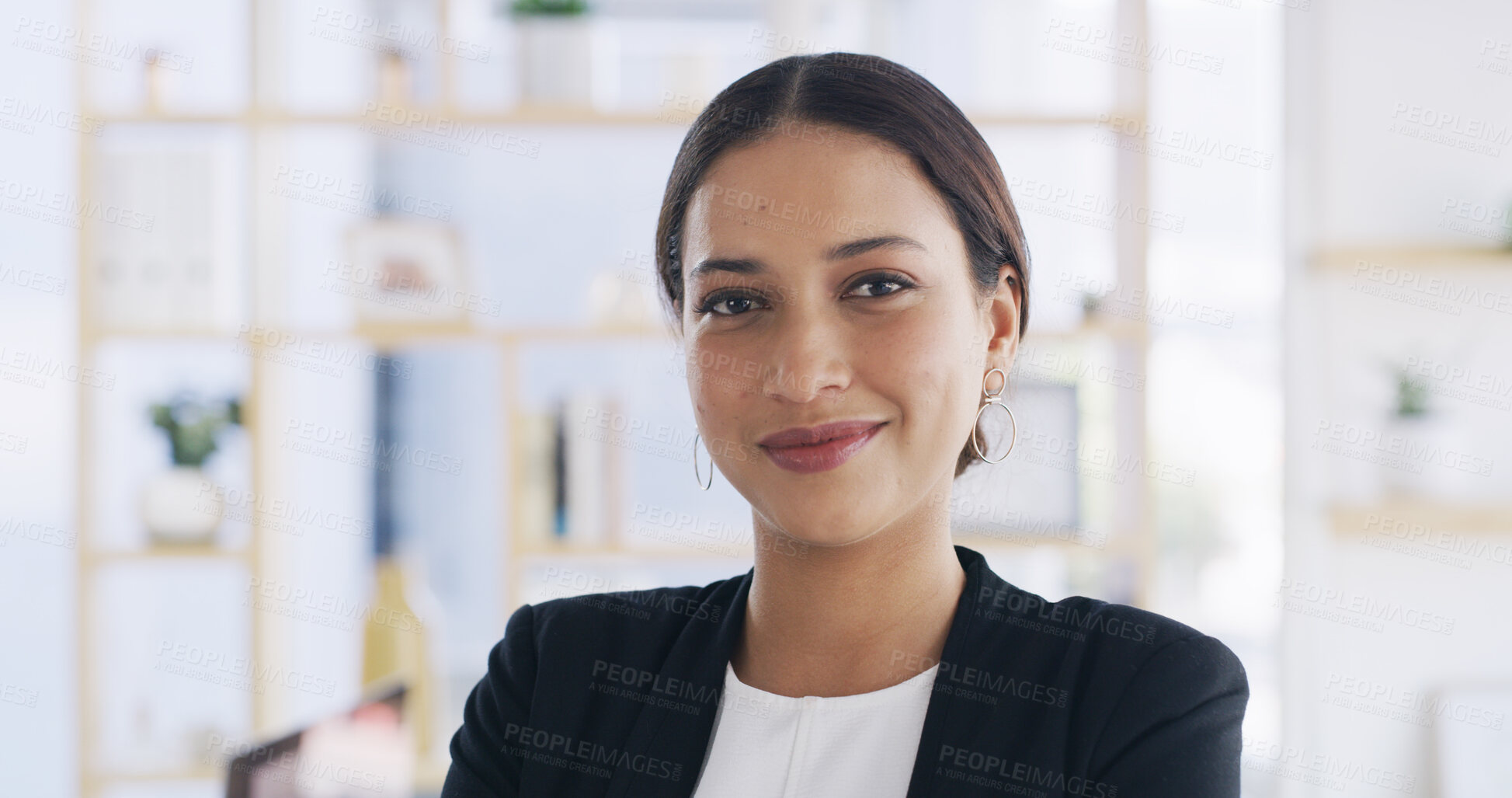 Buy stock photo Portrait, confident and woman with smile, office or opportunity for experience, intern and law firm. Ambitious, legal assistant and person with pride for internship, justice and career development