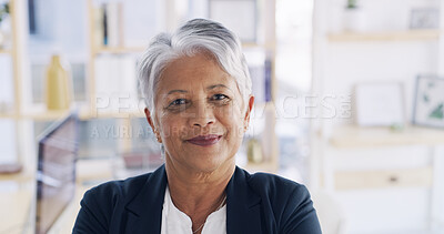 Buy stock photo Portrait, pride and mature woman in office, smile or happy for investment opportunity or accountant. Confident, financial advisor and person with ambition for career growth and promotion in business