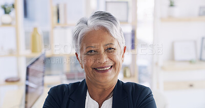 Buy stock photo Portrait, smile and mature woman in office, accountant or happy for investment opportunity or pride. Confident, financial advisor and person with ambition for career growth and promotion in business