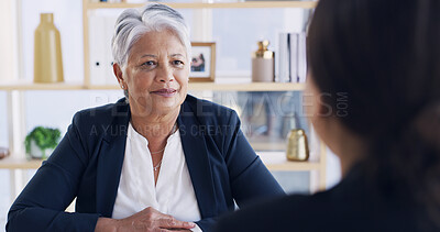 Buy stock photo Job interview, discussion and business women in office for hiring process with HR meeting. Happy, talking and mature corporate manager with recruitment candidate for vacancy conversation in workplace