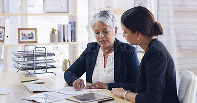 Buy stock photo Planning, women and teamwork with documents, law firm or research for case with evidence or talking. Collaboration, attorney and people with paperwork for trial, justice and discussion in office