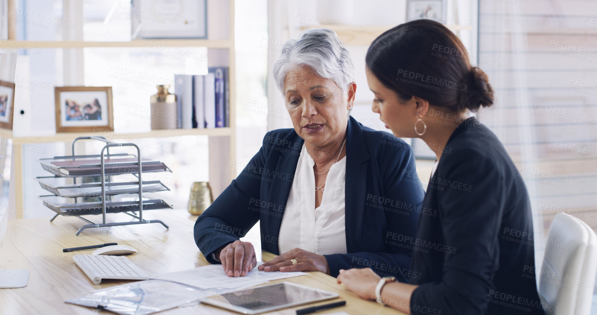 Buy stock photo Planning, women and teamwork with documents, law firm or research for case with evidence or talking. Collaboration, attorney and people with paperwork for trial, justice and discussion in office