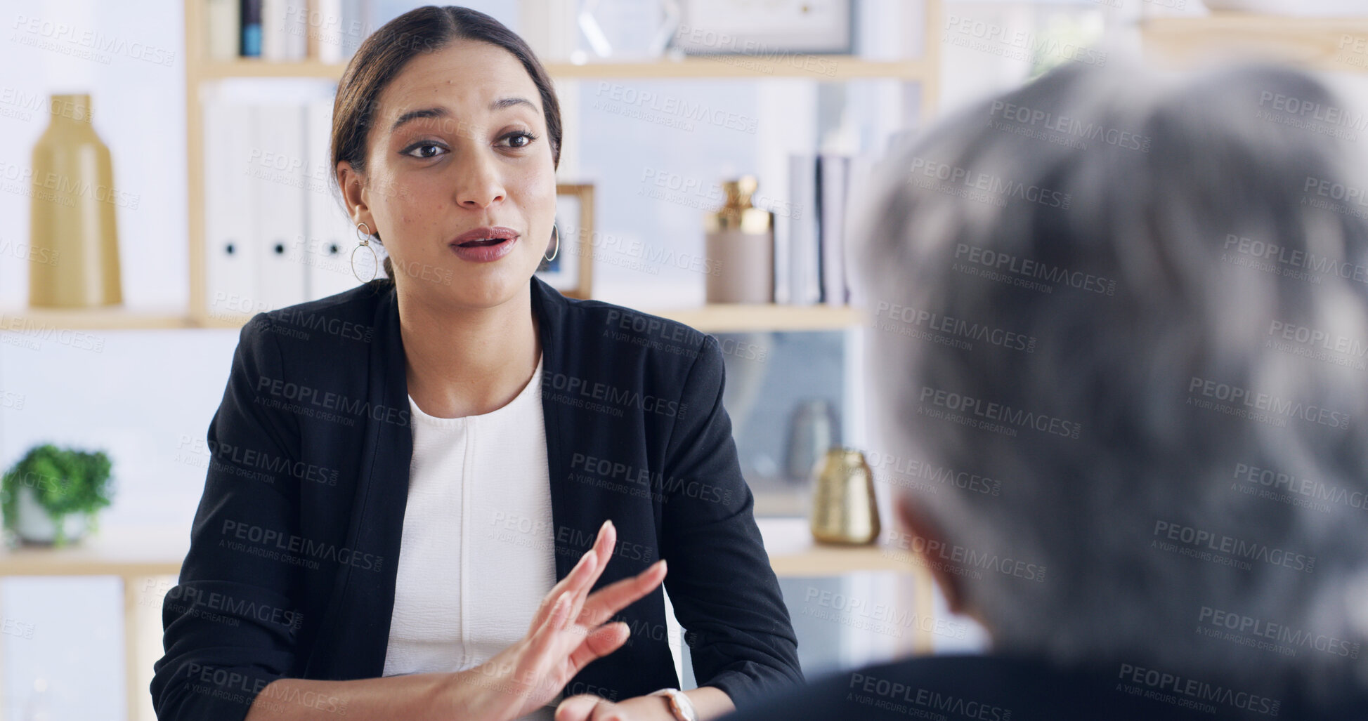Buy stock photo Hiring, meeting and business women in office for job interview with HR discussion. Happy, talking and female corporate manager with recruitment candidate for vacancy conversation in workplace.
