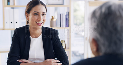 Buy stock photo Financial advisor, smile and consulting with old woman in office for retirement fund, pension plan and advice. Social security bank, discussion and asset management with people in notary firm