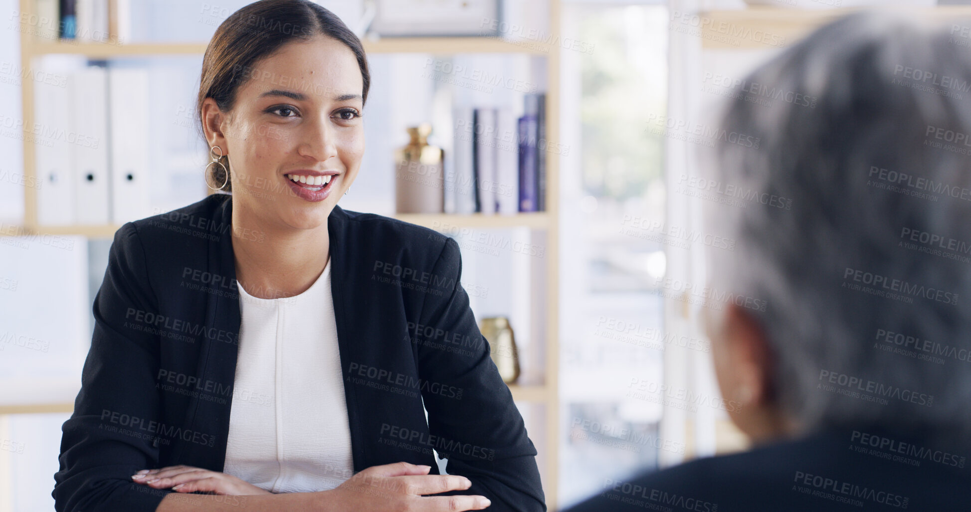 Buy stock photo Financial advisor, smile and consulting with old woman in office for retirement fund, pension plan and advice. Social security bank, discussion and asset management with people in notary firm