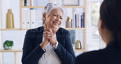 Buy stock photo Job interview, laugh and business women in office for hiring process with HR discussion. Happy, talking and mature corporate manager with recruitment candidate for vacancy conversation in workplace.