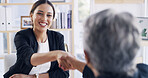 Shaking hands, partnership and business women in office with finance agreement, deal or meeting. Happy, welcome and female financial manager with client for investment contract with handshake.