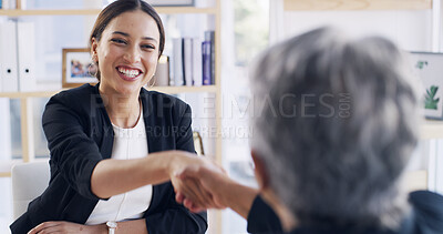 Buy stock photo Shaking hands, partnership and business women in office with finance agreement, deal or meeting. Happy, welcome and female financial manager with client for investment contract with handshake.