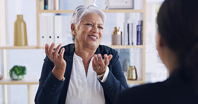 Buy stock photo Financial advisor, meeting and consulting with old woman in office for retirement fund, pension plan and advice. Social security bank, discussion and asset management with people in notary firm