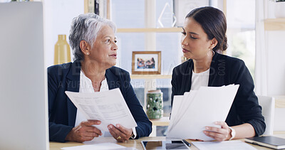 Buy stock photo Mature woman, team and documents at office, discussion and administration with review at company. Business people, paperwork and feedback with proposal, mentorship and advice at insurance agency