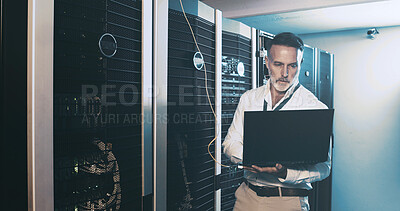 Buy stock photo Server room, programmer and man with laptop, maintenance and hardware problem solving. IT specialist, mature person and employee in workplace, pc and tech upgrade with inspection and cyber security
