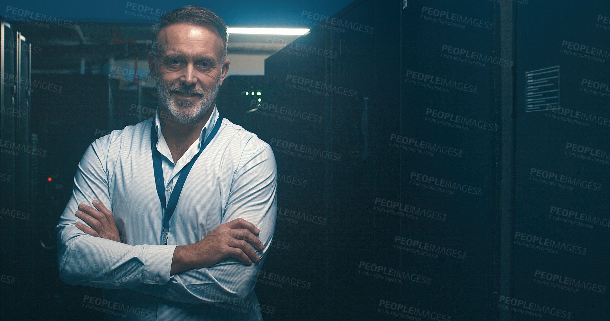 Buy stock photo Arms crossed, portrait and cybersecurity with man in server room for data center, network or systems. It technician, software database and cloud computing with mature person for hardware maintenance