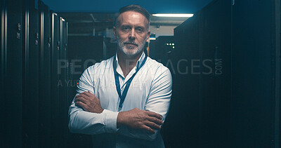 Buy stock photo Arms crossed, mainframe and portrait of man in server room for network administration. Cloud computing, cybersecurity and system with mature tech support employee in data center for maintenance