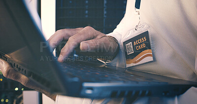 Buy stock photo Typing, laptop and hands of man in server room for cybersecurity, network and system database. Software update, signal transmission and cloud computing with person in data center for maintenance