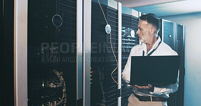 Buy stock photo Server room, programmer and man with laptop, inspection and hardware problem solving. IT specialist, mature person or employee with pc, cyber security and tech upgrade with maintenance or control box