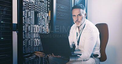 Buy stock photo Technician, portrait and laptop with man in server room for cybersecurity, network and system database. Software update, signal transmission and cloud computing with mature person in data center