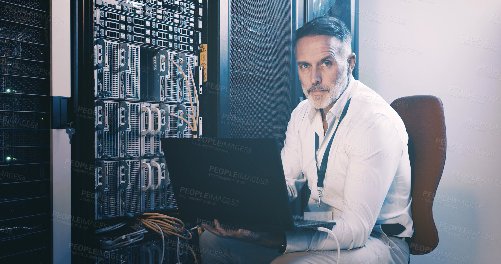 Buy stock photo Technician, portrait and laptop with man in server room for cybersecurity, network and system database. Software update, signal transmission and cloud computing with mature person in data center