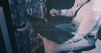 Buy stock photo Fixing, cables and hands with laptop, server room and network engineering with tech and electrician. Data center, technician and person with app for software upgrade, troubleshooting and online