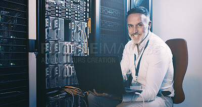 Buy stock photo Laptop, portrait and technician or man in server room for data center, network or systems. Cybersecurity, software database and cloud computing with mature person for hardware maintenance and code