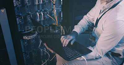 Buy stock photo Cables, coding and hands with laptop, server room and network engineering with tech and electrician. Data center, technician and person with app for software upgrade, troubleshooting and online