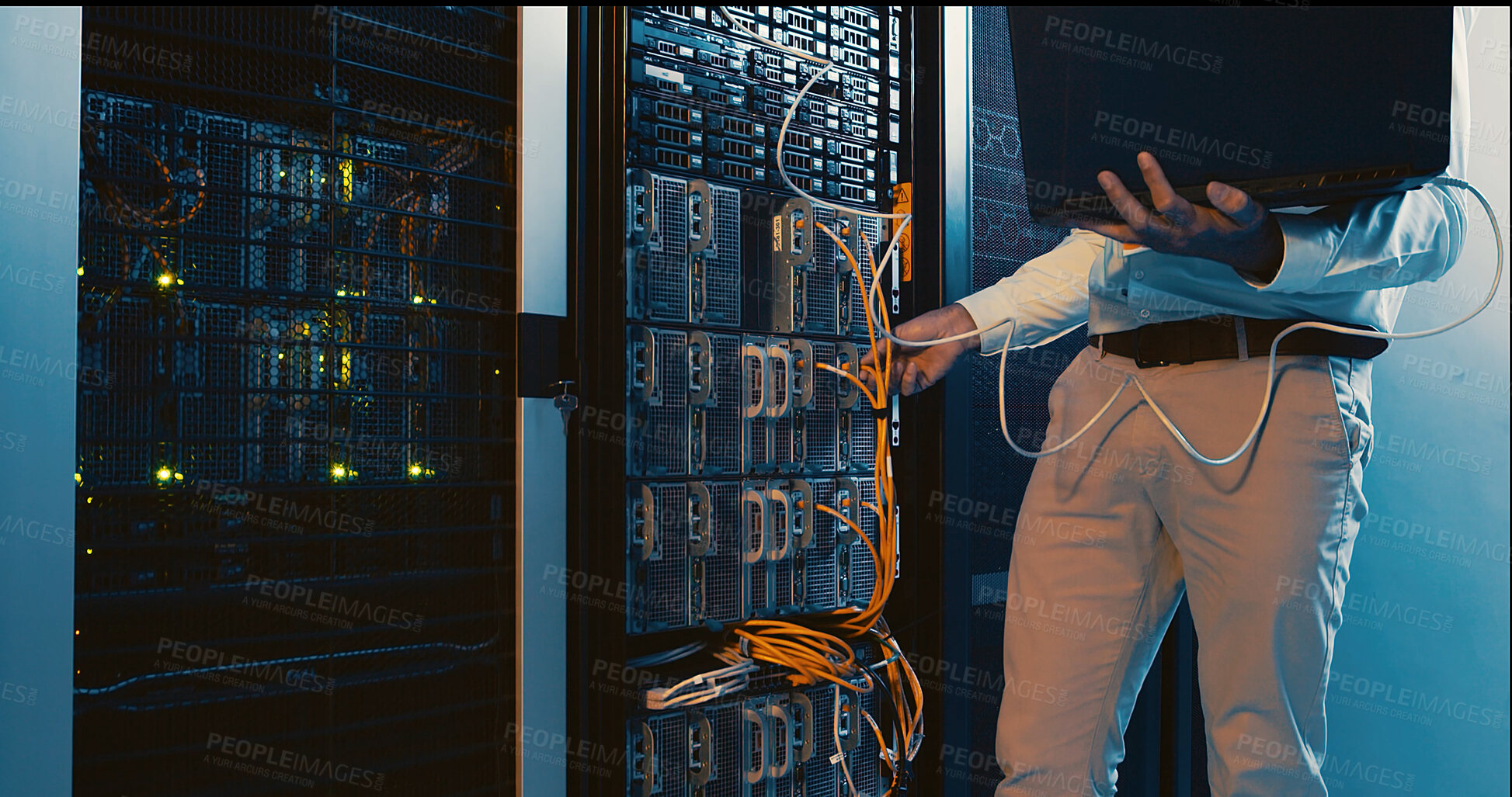 Buy stock photo Hands, laptop and system test in server room for diagnostics, troubleshooting and maintenance. Engineer, cables and tech in data center for network configuration, firewall installation or IT solution