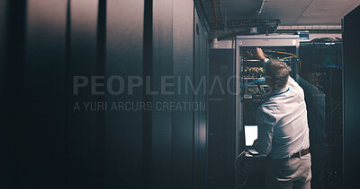 Buy stock photo Back, technician and laptop with man in server room for hosting database, inspection and cybersecurity. Hardware storage, cloud computing and system backup with mature person in data center for code